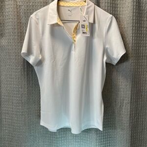 Puma POLO Shirt Size Medium White Glow Lemon Detail Women’s Pique Accent SS NEW